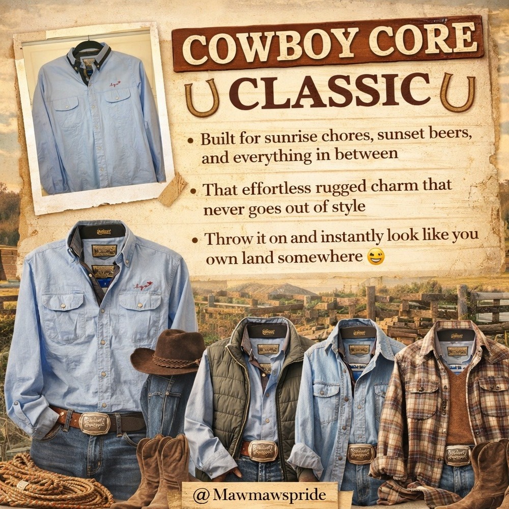 Premium Black GS Mens Light Blue Long Sleeve Button Down Shirt Cowboy Core L